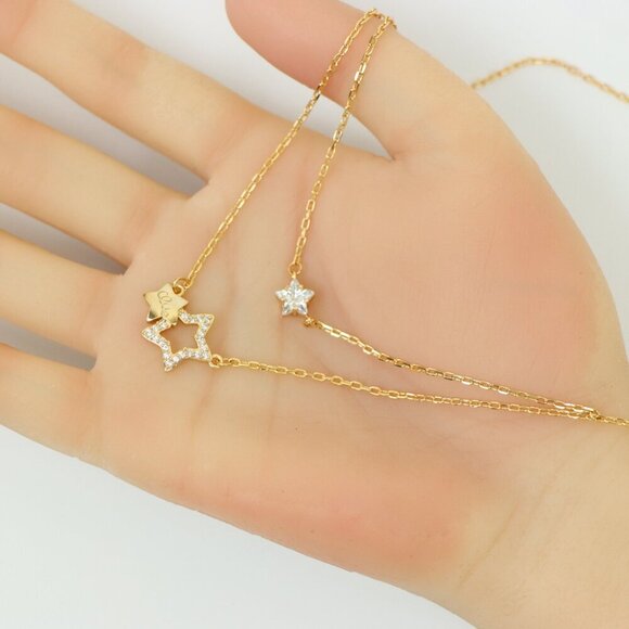 "Double-Layered Rose Gold Necklace with Sparkling Star Charms, XPNL0152 - Picture 3 of 12